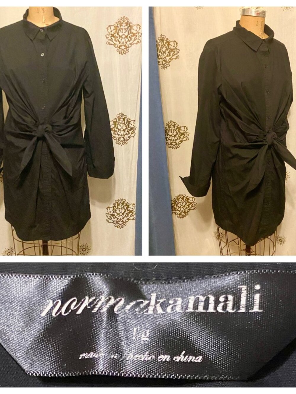 Norma Kamali Lightweight Cotton Tie Front Belted Black Buttondown Shirt Dress L